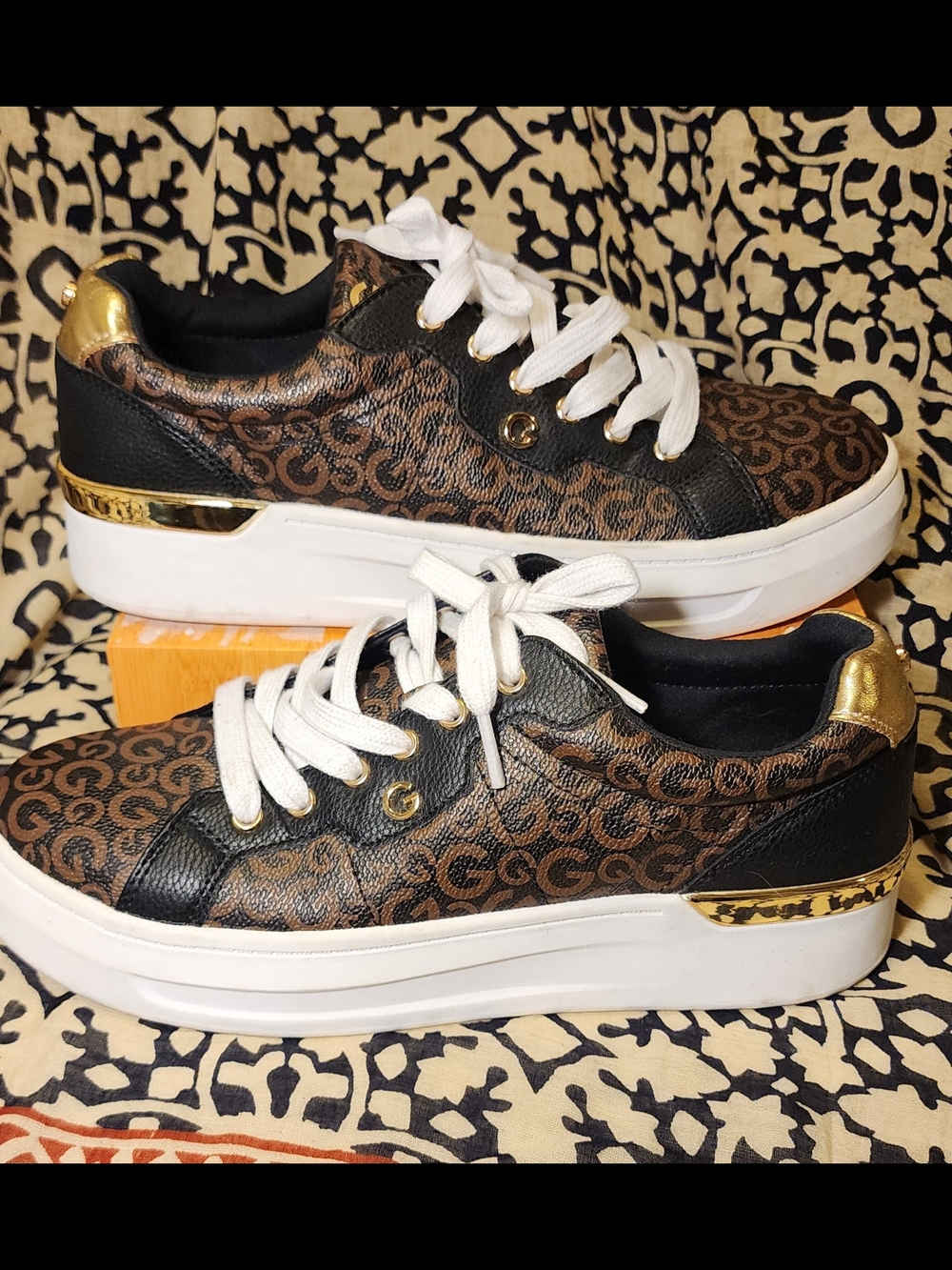 GBG Los Angeles Brown Patterned Sneakers with Gold Trim